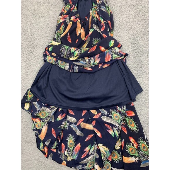 I Joah (S) Blue Colorful Feather Print Lined Adjustable Spaghetti Strap Dress - Picture 5 of 12